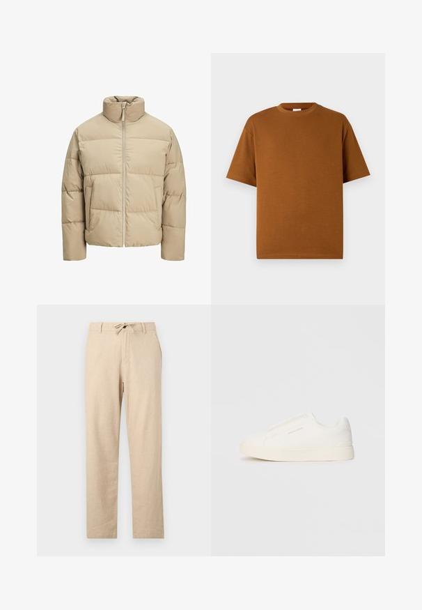 Jachetă de tip puffer bej, cu guler înalt, închidere prin fermoar frontal, croială supradimensionată, secțiuni cusute orizontal și buzunare laterale.; Tricou scurt cu maneci, de culoare maro, confecționat dintr-un material moale, cu guler rotund și croială lejeră, având un tiv drept. Fără modele sau accente vizibile.; Pantaloni din in bej deschis, cu talie ajustabilă, croială dreaptă, buzunare frontale și o textură netedă. Design minimalist, fără modele.; Tenisi albi slip-on cu o suprafață texturată, talpă groasă și un design minimalist. Prezintă logo-ul brandului pe lateral.