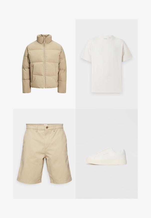 Chaqueta de plumas beige con cuello alto, cierre frontal con cremallera, corte oversized, secciones acolchadas horizontales y bolsillos laterales.; Camiseta blanca de manga corta en textura acanalada. Cuello redondo, corte relajado, sin patrones ni acentos visibles. Diseño simple y versátil.; GAP ESSENTIAL SHORT - Shorts - iconic khaki; Zapatillas blancas tipo slip-on con una superficie texturizada, suela gruesa y diseño minimalista. Presenta el logo de la marca en un lado.