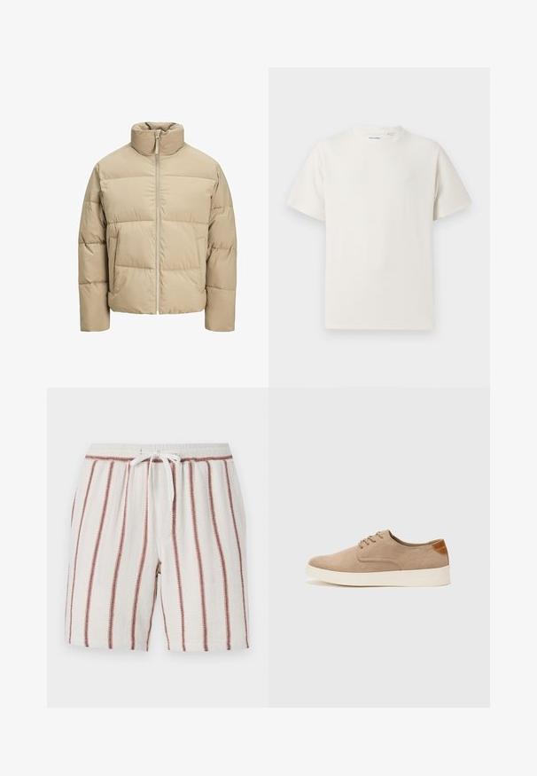 Giubbotto imbottito beige con colletto alto, chiusura frontale a zip, vestibilità oversize, sezioni trapuntate orizzontali e tasche laterali.; T-shirt bianca a maniche corte in texture a coste. Girocollo, vestibilità rilassata, senza modelli o accenti visibili. Design semplice e versatile.; Pantaloni corti in cotone con vita regolabile, sfondo crema con strisce verticali color ruggine, tessuto testurizzato e vestibilità rilassata.; Sneaker in suede beige con punta arrotondata, stringhe davanti e un accento testurizzato sul retro. La suola in gomma bianca offre un contrasto. Design semplice e moderno.