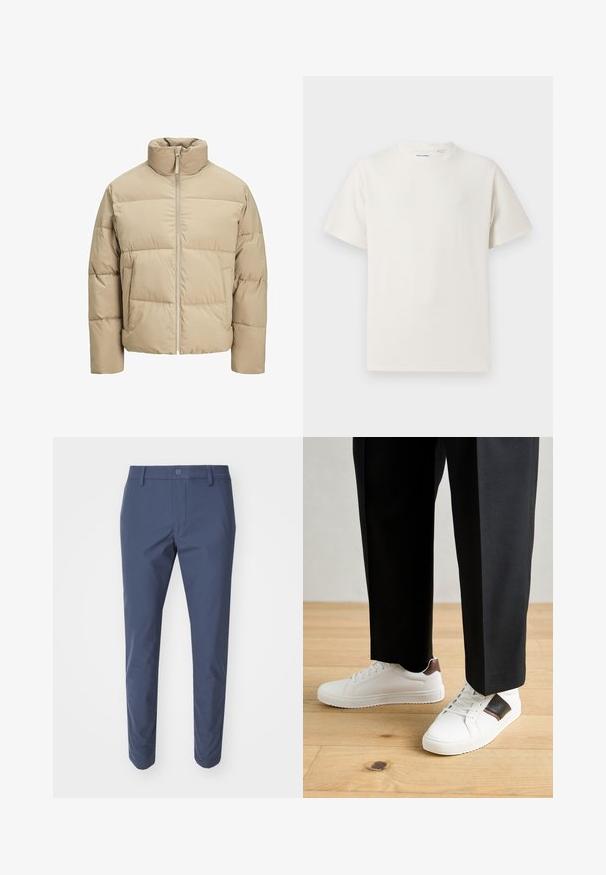 Jachetă de tip puffer bej, cu guler înalt, închidere prin fermoar frontal, croială supradimensionată, secțiuni cusute orizontal și buzunare laterale.; Tricou alb cu maneci scurte, dintr-un material ribbed. Guler rotund, croi lejer, fără modele sau accente vizibile. Design simplu și versatil.; Pantaloni în nuanță de albastru marin, fabricați dintr-un material neted, cu închidere prin buton și design evazat. Față plată, fără modele sau accente vizibile.; Sneakers albe cu textură netedă, având accente din piele maro și detalii negre, asociate cu pantaloni negri pe măsură. Fundal din podea din lemn.