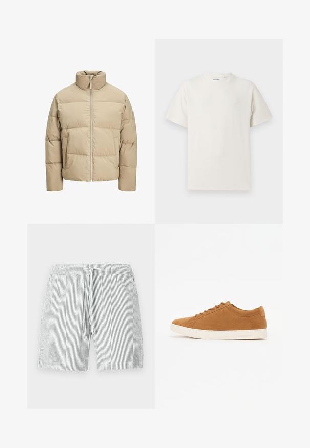 Beige pufferjakke med høy krage, glidelås foran, oversized passform, horisontale quiltingsseksjoner og sidelommer.; Hvit T-skjorte med kort erm i ribbestrikket tekstur. Rund hals, avslappet passform, ingen synlige mønstre eller detaljer. Enkelt og allsidig design.; Stripete badebukser i grå og hvit, med en snøring i livet, midtlang design og mykt, lett materiale.; Brune semskede sneakers med lavtopdesign, hvid gummi sål og rund tå. Har matchende snørebånd og minimal branding på hælen.