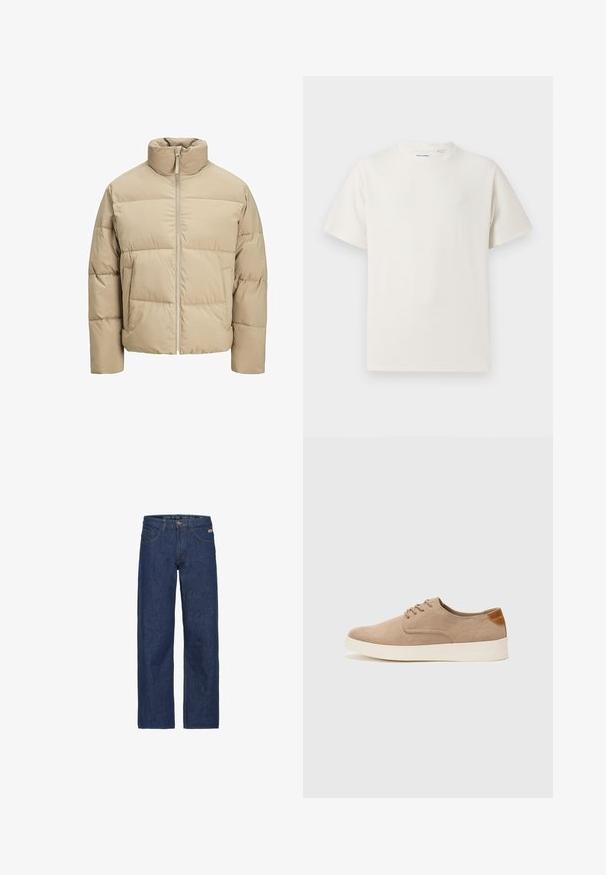 Bežna napihana jakna z visokim ovratnikom, sprednjim zadrgo, oversize krojem, vodoravno quiltanimi deli in stranskimi žepi.; Bela majica s kratkimi rokavi iz rebraste tkanine. Okrogli izrez, sproščen kroj, brez vidnih vzorcev ali naglasov. Preprosta in vsestranska zasnova.; Temno modri jeans s širokim krojem, z gumbom za zapiranje, zankami za pas in sprednjimi žepi. Teksturirana tkanina z rahlimi odstopanji.; Bež tkanine usnjene superge z zaobljenim nosom, vezalkami na sprednji strani in teksturiranim zadnjim detajlom. Belo gumijasto podplato zagotavlja kontrast. Enostaven in sodoben dizajn.