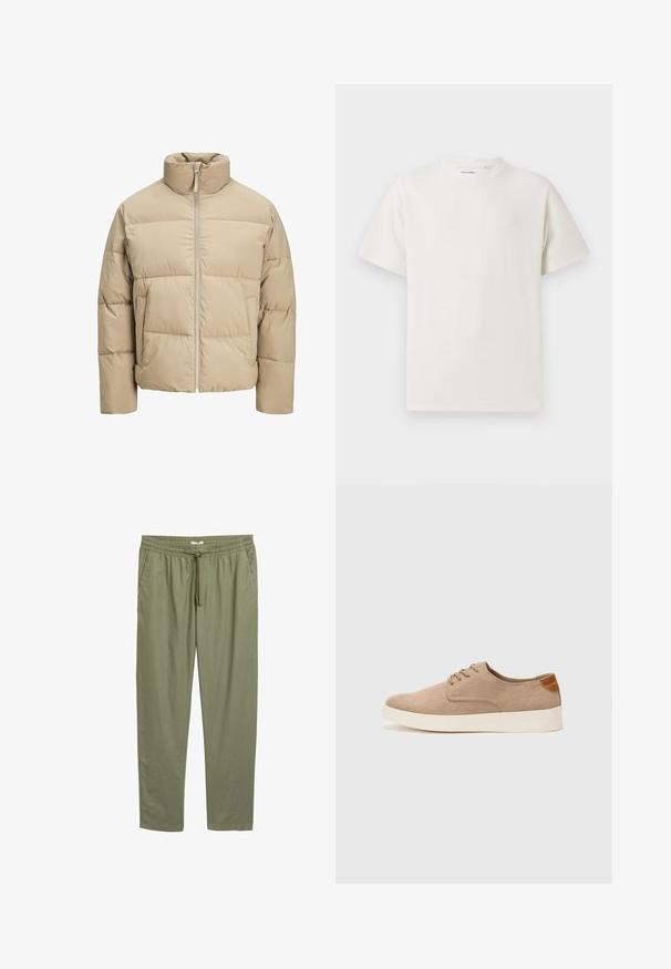 Bež jakna od puf materijala s visokim ovratnikom, prednjim patentnim zatvaračem, oversized krojem, horizontalnom steppanom obradom i bočnim džepovima.; Bijela kratka majica s kratkim rukavima u rebrastoj teksturi. Okrugli izrez, ležeran kroj, bez vidljivih uzoraka ili akcenta. Jednostavan i svestran dizajn.; Maslinasto zelene, lagane, sužene hlače s elastičnim pojasom i vezicom. Pruža bočne džepove i glatku teksturu.; Bež nubuk tenisice s okruglim vrhom, vezanjem sprijeda i teksturiranim stražnjim naglaskom. Bijela gumena potpetica pruža kontrast. Jednostavan i moderan dizajn.