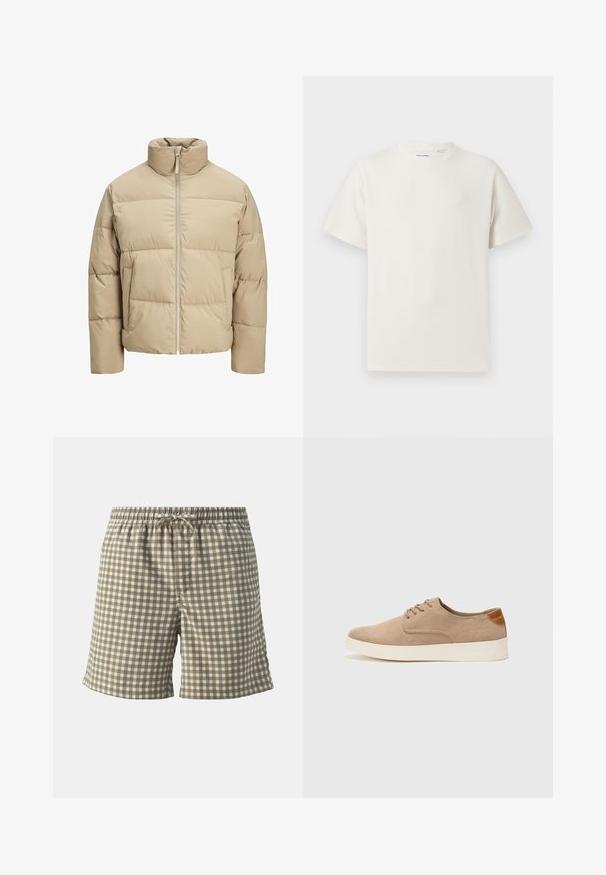 Beige puffer jacket with a high collar, front zip closure, oversized fit, horizontal quilted sections, and side pockets.; White short-sleeve T-shirt in a ribbed texture. Round neckline, relaxed fit, no visible patterns or accents. Simple and versatile design.; Jack & Jones JPSTJAIDEN JJJACQUARD - Shorts - cloud dancer; Beige suede sneakers with a rounded toe, lace-up front, and a textured back accent. White rubber sole provides contrast. Simple and modern design.
