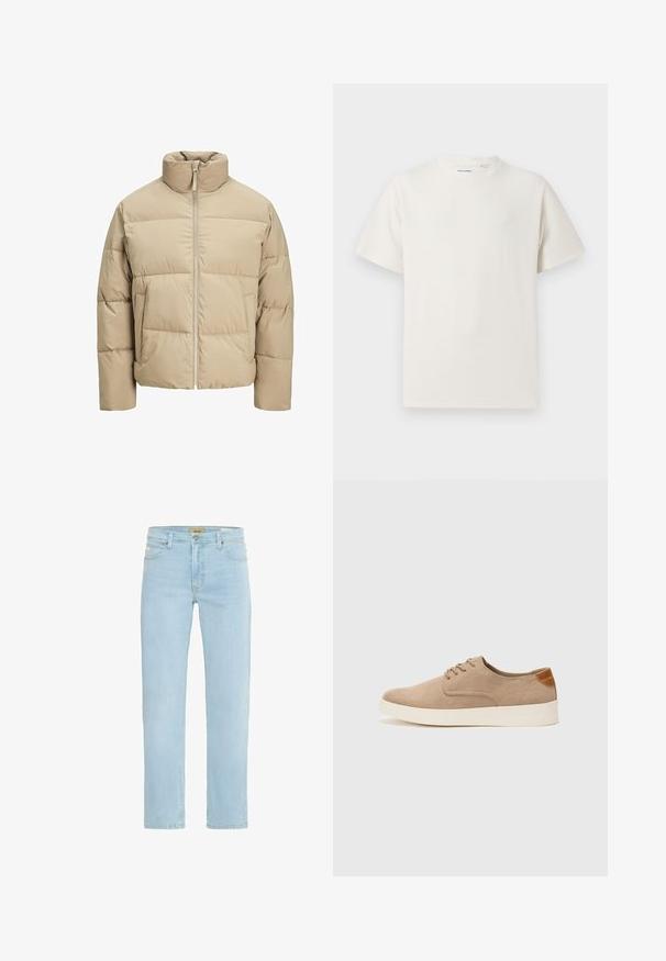 Beež puffer jope kõrge kaelusega, ees lukuga, üle mõõtme sobivusega, horisontaalsete tepitud osadega ja küljetaskutega.; Valge lühikeste varrukatega T-särk ribakudumises. Ümar kaelus, mugav lõige, nähtavad mustrid ega aksessuaarid puuduvad. Lihtne ja mitmekesine disain.; Heledad sinised teksapüksid sirge lõikega, traditsioonilise viie tasku disainiga ning messingist nööbi ja tõmbluku kinnitusega ees.; Beežid nahast tossud ümarate varvastega, paeltega esiosa ja tekstuuriga tagakontuuriga. Valge kummist tallapakkumine loob kontrasti. Lihtne ja kaasaegne disain.