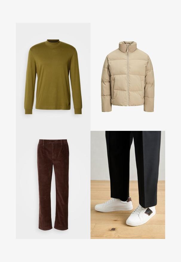 Beige pūka veste ar augstu apkakli, priekšējo rāvējslēdzēju, pārmērīgi plašu piegriezumu, horizontālām kvadrātveida šuvēm un sānu kabatām.; Olīvu zaļš garām piedurknēm tūrtnikā krekls, izgatavots no mīksta auduma, ar pieguļošu dizainu un ribotām kakla un piedurkņu daļām.; Brūnas korduroja bikses ar taisnu piegriezumu, kas aprīkotas ar sānu kabatām, vertikālu ribotu faktūru un klasisku jostas daļu.; Baltā pārsoļa apavi ar gludu tekstūru, papildināti ar brūniem ādas akcentiem un melniem elementiem, savienoti ar melnām pielāgotām biksēm. Koka grīdas fons.