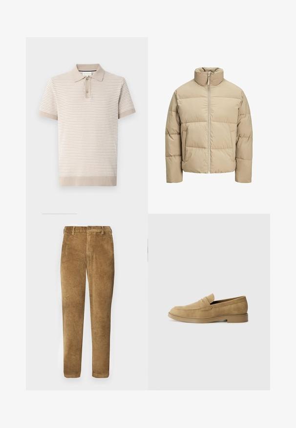 Beige pufferjakke med høj krave, frontlynlås, oversized pasform, vandrette quiltede sektioner og sidelommer.; Kortærmet polo skjorte i lys beige med teksturerede striber, krave og tre-knaps lukning. Blødt stof med ribbede manchetter.; Brune corduroy bukser med lodret ribbet tekstur, lige snit, knaplukning og bæltestropper. Glat stof med en blød finish.; Tan ruskindsloafers med rund tå, lav blokhæl og syet detaljering på overdelen. Glat overflade og minimalistisk design.