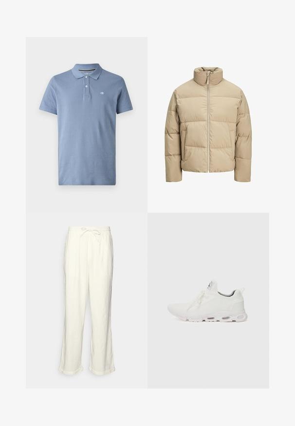 Šviesiai ruda pūkuota striukė su aukštu apykakle, priekyje užtrauktuku, dideliu kirpimu, horizontaliai siuvinėtomis dalimis ir šoninėmis kišenėmis.; Polo marškiniai iš šviesiai mėlynos medvilnės, su standartiniu apykakle, trijų mygtukų užsegimu ir mažuoju logotipu kairėje krūtinės pusėje. Trumpomis rankovėmis.; Neryškios baltos lino kelnės su raišteliu liemens srityje, šiek tiek plačiomis kojomis ir sukniustais mankštiniais kraštais, suteikiančiais laisvą prigludimą. Be kišenių.; Baltos sportinės detalės batai su tekstūruotu megztu viršumi, plokščiais raišteliais ir paminkštintu padu, kuriame matomos oro kameros papildomam palaikymui.