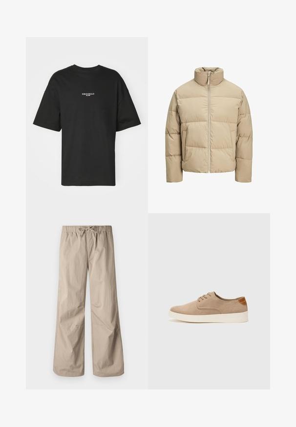 Beige puffer jacket with a high collar, front zip closure, oversized fit, horizontal quilted sections, and side pockets.; Black short-sleeve t-shirt made of cotton, featuring a white print "ORIGINALS est. 1970" on the chest, with a relaxed fit and crew neckline.; Beige wide-leg pants with an elastic waistband and drawstring. Smooth texture, two side pockets, and minimal seams for a relaxed fit.; Beige suede sneakers with a rounded toe, lace-up front, and a textured back accent. White rubber sole provides contrast. Simple and modern design.