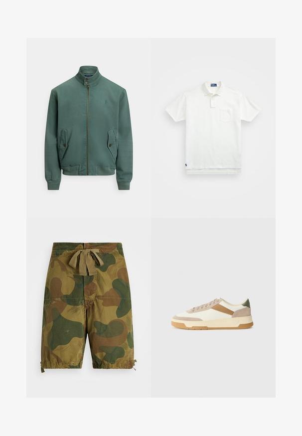 Zelena bombažna bomber jakna z ovratnikom za stoječi ovratnik, sprednjim zadrgo, dvema stranskima žepoma in rebrastimi manšetami. Na prsih ima majhen logotip.; Bela polo majica iz bombaža, z klasičnim ovratnikom, trojnim gumbom in žepom na levi strani prsnega predela; majhna blagovna znamka na robu.; Kamuflažne kratke hlače v odtenkih zelene in rjave, narejene iz lahkotnega blaga, z vrvico za prilagajanje v pasu in nabranimi robovi.; Superge v bež, kremni in olivno zeleni barvi, izdelane iz semiša in usnja, z okroglo kapico, minimalističnim dizajnom in gumijastim podplatom.