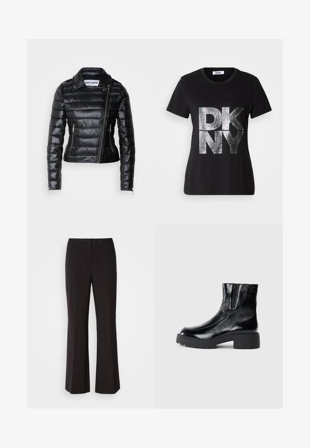 Casaco puffer preto com um design justo, detalhes metálicos, fecho diagonal na frente e textura almofadada. Apresenta botões de pressão no colarinho.; T-shirt preta de manga curta com grandes letras "DKNY" prateadas e brilhantes na frente e decote redondo.; Calças largas com riscas pretas em tecido suave, apresentando uma cintura média e um design frontal limpo. Sem bolsos visíveis.; Botas de tornozelo pretas com acabamento em pele envernizada brilhante, sola de borracha preta robusta e salto elevado; inclui um detalhe discreto do logótipo na lateral.