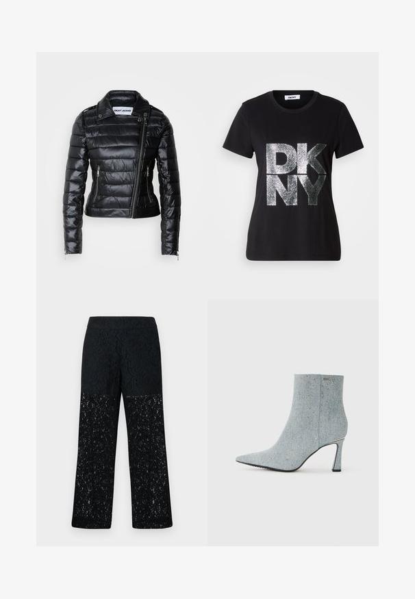 Melna puffa jaka ar pieguļošu dizainu, metāliskām akcentēm, slīpu priekšējo rāvējslēdzēju un polsterētu tekstūru. Iekļauj stiprinājuma pogas uz apkakles.; Melna īsslēguma T-krekls ar lieliem sudraba spīdīgiem "DKNY" burtiem priekšpusē un apaļu kakla izgriezumu.; Melni mežģīņu bikses ar platu kāju dizainu. Iezīmējas ar sarežģītām ziedu rakstiem puscaurspīdīgā apakšdaļā, gluds jostasvīrs.; Jeanību potīšu zābaki ar norādītu purngalu, gaiši zila krāsa un dekorēti ar maziem sudrabainiem kniedēm. Iekļauj stiletto papēdi un teksturētu audumu.