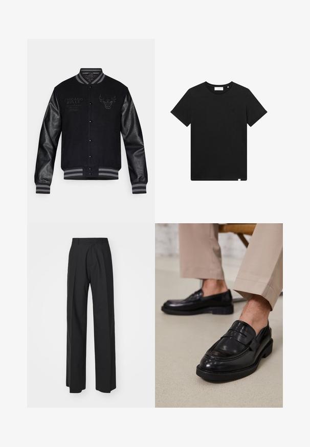 Sort varsity-jakke med grå læderærmer, der har et Chicago Bulls-logo og tekst. Ribbet krave og manchetter med stribede detaljer.; Sort kortærmet T-shirt lavet af bomuld, med rund hals og et lille logo broderet på brystet. Glat tekstur, standard pasform.; DSQUARED2 ICON ICON PANT - Bukser - black; Sorte lædermokkasiner med en glat overflade, der har en dekorativ rem og kontraststing, parret med beige bukser.