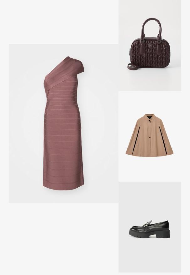 Bežový vlněný plášť s mandarínovým límcem, zapínáním na jeden knoflík a bočními rozparky. Hladká textura s čistým, minimalistickým designem.; Šaty na jedno rameno z texturované mauve tkaniny, s horizontálním pruhovaným vzorem. Délka po kolena s přiléhavým střihem.; Černé kožené mokasíny s bytelnou gumovou podrážkou. Mají ozdobu v podobě přezky a prošívání po obvodu svršku. Rovný podpatek.; Burgundská kožená kabelka s prošívaným vzorem, dvojitými horními uchy a odnímatelným popruhem. Disponuje stříbrným kováním a vyraženým logem.