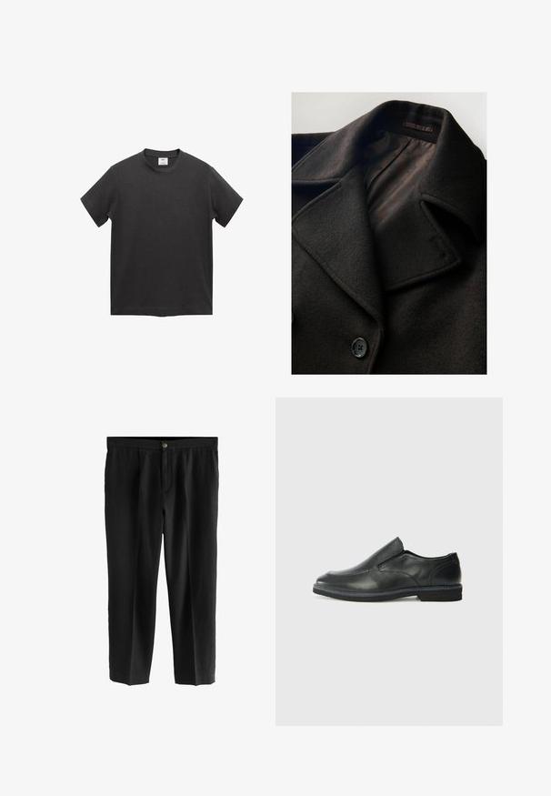 Musta villakangastakki, jossa on suuret liepeet, kaksirivinen nappikiinnitys ja sileä, kuviollinen vuori. Rakenteellinen, pehmeä kangas.; Musta puuvillapaita, jossa on lyhyet hihat, pyöreä pääntie, suora helma ja pehmeä, sileä rakenne. Ei näkyviä kuvioita tai yksityiskohtia.; Musta housut, jotka on valmistettu kevyestä kankaasta, suoran lahkeen muotoilulla, pleidit edessä ja yksi nappikiinnitys vyötäröllä.; Musta nahkainen liukujalkine, jossa on sileä pinta, ommeltuja yksityiskohtia, pyöristetty kärki ja matala kumipohja. Pohjassa on minimaalinen pito.