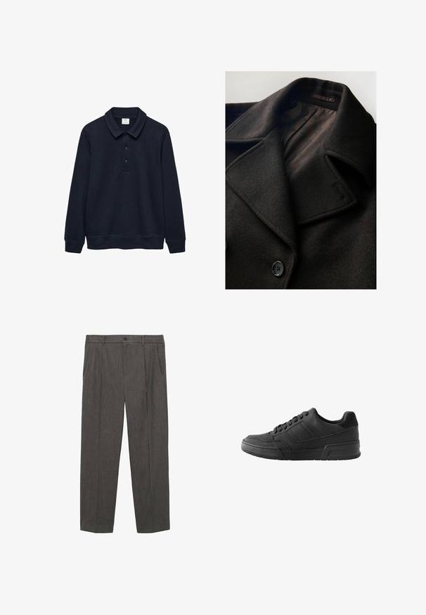 Palton negru din lână cu rever mari, închidere cu nasturi dubli și o căptușeală interioară netedă, cu model. Țesătură texturată și moale.; Polo cu mânecă lungă de culoare bleumarin, realizat dintr-un material moale, dotat cu un guler plisat, trei nasturi și manșete și margine ribbate.; Pantaloni gri, croiți, dintr-un material texturat. Prezintă o închidere cu nasture, două buzunare frontale și un design cu picioare drepte.; Tenisi negri cu un superior din piele netedă, accente din suede în contrast, formă structurată și talpă din cauciuc texturat.