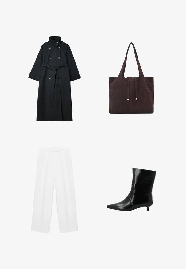 Zwarte trenchcoat van een soepel materiaal, met een hoge kraag, dubbele knopen en een strikriem op de taille.; Rood en wit geruite stof met een lichte textuur, uitgerust met vier knopen. Het patroon bevat dunne zwarte lijnen voor extra detail.; Zijde-wijd witte broeken met een gladde textuur, voorzien van een hoge tailleband en twee zijzakken. Eenvoudig ontwerp zonder zichtbare patronen.; Zwarte leren enkellaars met spitse neus en lage kittenheel, zijnaaddetail en een gladde, glanzende afwerking.; Mango Shopper - dark brown