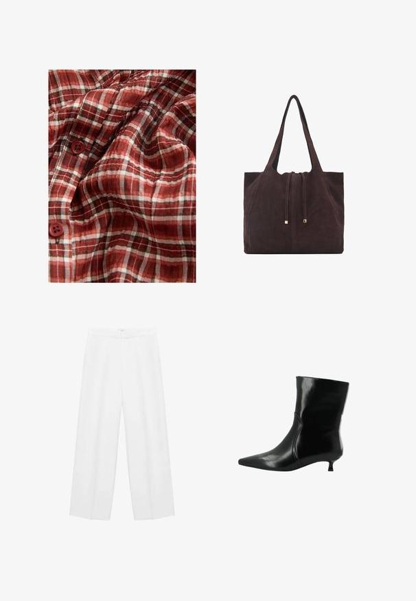 Black trench coat made of smooth fabric, featuring a high collar, double-breasted buttons, and a tie belt at the waist.; Red and white plaid fabric with a lightweight texture, featuring four buttons. The pattern includes thin black lines for detail.; Wide-leg white trousers with a smooth texture, featuring a high waistband and two side pockets. Simple design with no visible patterns.; Black leather ankle boot with pointed toe and low kitten heel, side seam detail, and smooth shiny finish.; Mango Tote bag - dark brown