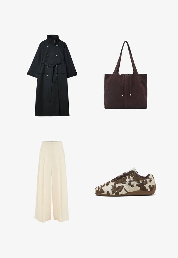 Cappotto trench nero realizzato in tessuto liscio, con colletto alto, bottoni doppi e una cintura in vita.; Maglione a maniche corte grigio scuro a maglia con colletto tondo, caratterizzato da una vestibilità morbida e maniche raglan, realizzato in un tessuto soffice e texturizzato.; Pantaloni a gamba larga in tessuto beige chiaro, con design frontale plissettato, vita alta e texture morbida. Nessuna minuteria o motivo visibile.; Sneakers con stampa a macchie di mucca marrone e crema, realizzati in materiale scamosciato, con punta rotonda e suola in gomma. Presentano lacci e logo Puma sul lato.; Mango Shopping bag - dark brown