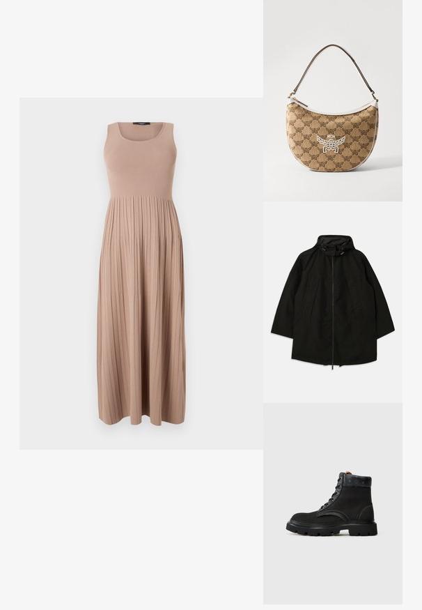 Casaco leve preto com fecho de zipper, capuz com cordões e corte largo e solto. Apresenta detalhes frontais pregueados e uma textura suave.; Vestido maxi em tecido ribado suave, na cor bege. Apresenta um corpete ajustado com decote redondo e uma saia fluida e plissada. Design simples.; Botas de tornozelo pretas com um cabedal em pele texturizada, design com atacadores, costuras contrastantes e uma sola de borracha resistente. Acento de logotipo na lingueta.; Bolsa de ombro bege com padrão de logótipos castanhos, detalhes brancos e forma curvada. Apresenta uma alça castanha e fecho com zíper.