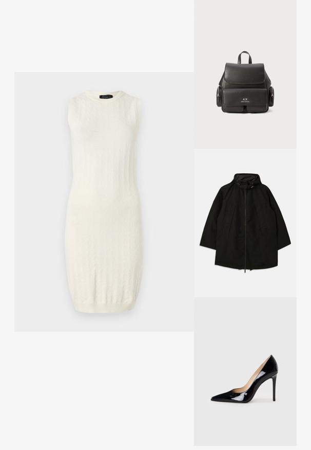 Fekete, könnyű dzseki, cipzáras záródással, húzózsinórral ellátott kapucnival, és széles, laza fazonnal. Húzott elülső részlet és sima текстúra jellemzi.; Ujjatlan krémszínű ruha, texturált kötött mintával, kerek nyakkivágással és testhezálló sziluettel, ami éppen térd fölött végződik.; Fekete lakkbőr magas sarkú pumpa hegyes orral és elegáns sziluettel. Simább, fényes felülettel és karcsú tűsarokkal rendelkezik.; Fekete bőr hátizsák, fedéllal záródik, elülső zsebbel, oldalsó cipzáras rekeszekkel és felső fogantyúval rendelkezik. Az elején logó részletezéssel.