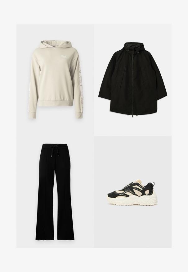 Czarna, lekka kurtka z zamkiem błyskawicznym, kapturem ze sznurkami ściągającymi oraz szerokim, luźnym krojem. Posiada plisowane detale z przodu oraz gładką fakturę.; Jasnobeżowa bluza z kapturem o teksturowanym wykończeniu, z logo EA7 na piersi i nadrukiem marki na rękawach.; Czarne szerokie spodnie dresowe z elastycznym pasem typu drawstring, z bocznymi rozcięciami, wykonane z miękkiego materiału i o eleganckim fasonie.; Czarne i kremowe trampki z teksturowaną podeszwą, siateczkowymi panelami oraz akcentami z tekstem marki. Okrągły czubek i wkładana konstrukcja z sznurowadłami. Regulowany zapiętek.