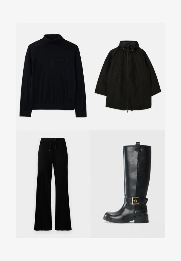 Črna lahka jakna z zadrgo, kapuco s vrvicami in širokim, ohlapnim krojem. Ima gubano sprednje detajliranje in gladko teksturo.; Črn pulover s turtleneck ovratnikom, izdelan iz mehke tkanine, z dolgimi rokavi in subtilnim vezenim logotipom spredaj. Enostaven dizajn z rebrastimi robovi.; Črne široke trenirke z elastičnim pasom na vrvico, stranskimi razporki, mehkega materiala in elegantnim dizajnom.; Črne usnjene škornje do kolen z nizko blokasto peto, okrasnim zlatim paščkom okoli gležnja in z zanko za pomoč pri obuvanju na vrhu.