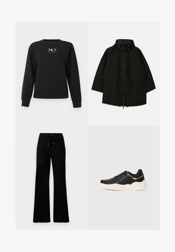 Czarna, lekka kurtka z zamkiem błyskawicznym, kapturem ze sznurkami ściągającymi oraz szerokim, luźnym krojem. Posiada plisowane detale z przodu oraz gładką fakturę.; Czarny długi rękaw crewneck z logo Armani Exchange, na którym znajduje się napis "A C X" oraz symbol księżyca na klatce piersiowej.; Czarne szerokie spodnie dresowe z elastycznym pasem typu drawstring, z bocznymi rozcięciami, wykonane z miękkiego materiału i o eleganckim fasonie.; Czarne skórzane sneakersy z masywną kremową podeszwą, złotą łańcuszkową ozdobą i czarnymi sznurowadłami. Gładka tekstura z wytłoczonym logo z boku.