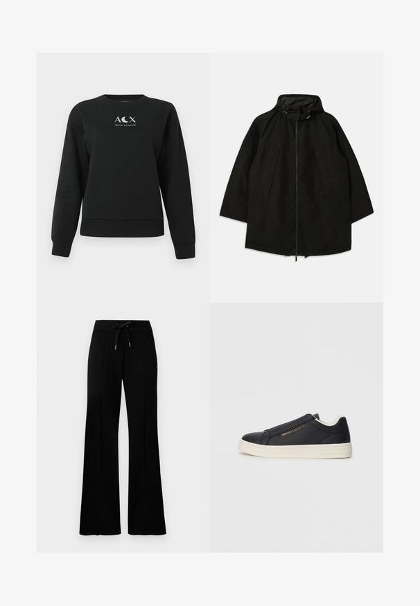Černá lehká bunda s rozepínáním na zip, kapucí se stahovacími šňůrkami a širokým, volným střihem. Zahrnuje skládání v přední části a hladký povrch.; Černá mikina s dlouhým rukávem a kulatým výstřihem s logem Armani Exchange, které obsahuje symboly „A C X“ a srp měsíce na hrudi.; Černé široké tepláky s elastickým pasem a šňůrkou, bočním rozparkem, měkkým materiálem a elegantním designem.; Černé kožené slip-on tenisky s bílou podrážkou, zlatým logem "Armani Exchange" na boku a minimalistickým prošíváním.