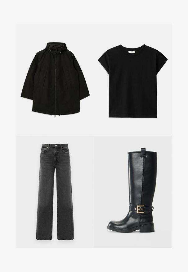 Casaco leve preto com fecho de zipper, capuz com cordões e corte largo e solto. Apresenta detalhes frontais pregueados e uma textura suave.; T-shirt de algodão preta com decote redondo, mangas curtas e corte reto. Textura suave com detalhes mínimos.; Jeans de denim pretos de cintura alta, de perna reta, com botão e fecho de correr à frente, duas bolsas frontais e duas bolsas traseiras.; Bota de couro preta até ao joelho, com um pequeno salto bloco, uma tira decorativa com fivela dourada à volta do tornozelo e uma aba na parte superior.
