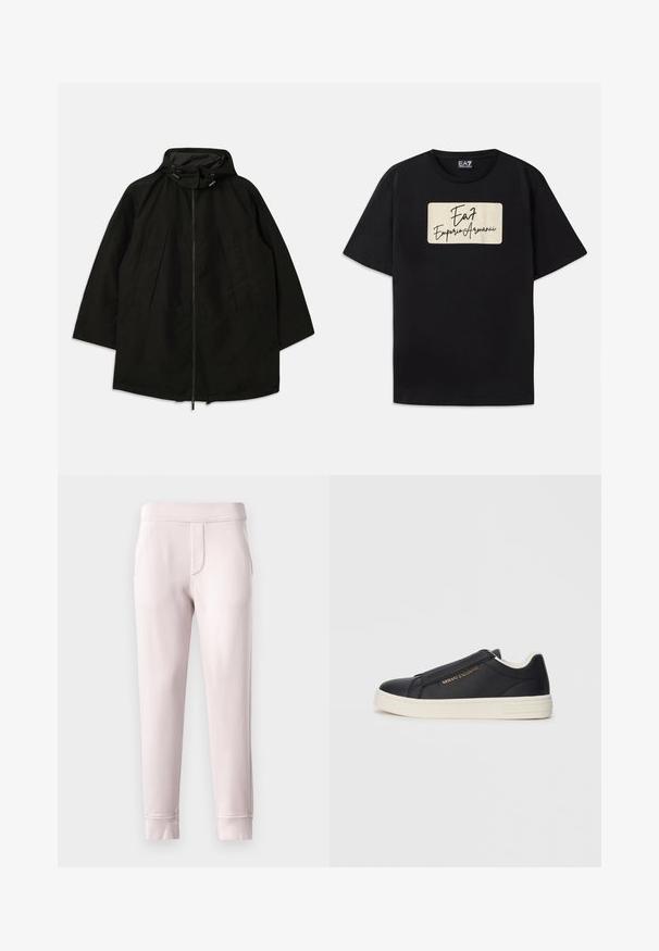 Juoda lengva striukė su užtrauktuku, kapišonu su raišteliais ir plačiu, laisvu kirpimu. Su raukšlėta priekiu ir lygia tekstūra.; Juodas medvilnės marškinėliai su stačiakampiu prekės ženklu kreminės spalvos, su ranka rašyta tekstu. Trumpomis rankovėmis ir standartinio kirpimo.; Švelnios šviesiai rožinės spalvos sportinės kelnės, pagamintos iš minkštos medžiagos, su elastinga juosta, šoninėmis kišenėmis ir rausvomis rankogaliais ties kulkšnimis.; Juodas odinis sportinis batai be raištelių su baltu padu, auksiniu "Armani Exchange" logotipu šone ir minimalistinėmis siuvimo detalėmis.