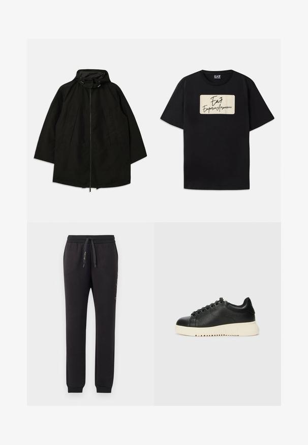 Chaqueta ligera negra con cierre de cremallera, capucha con cordones y un ajuste amplio y suelto. Cuenta con detalle en la parte delantera con pliegues y una textura suave.; Camiseta negra de algodón con un logo rectangular de la marca en color crema con texto de estilo manuscrito. Mangas cortas y un corte estándar.; Joggers negros de algodón suave con una cinturilla elástica y cordón. Presentan puños acanalados y texto bordado en el lateral.; Zapatilla negra de cuero con un acabado texturizado, que presenta puntera redonda, seis ojales negros y una suela de goma blanca con ranuras.