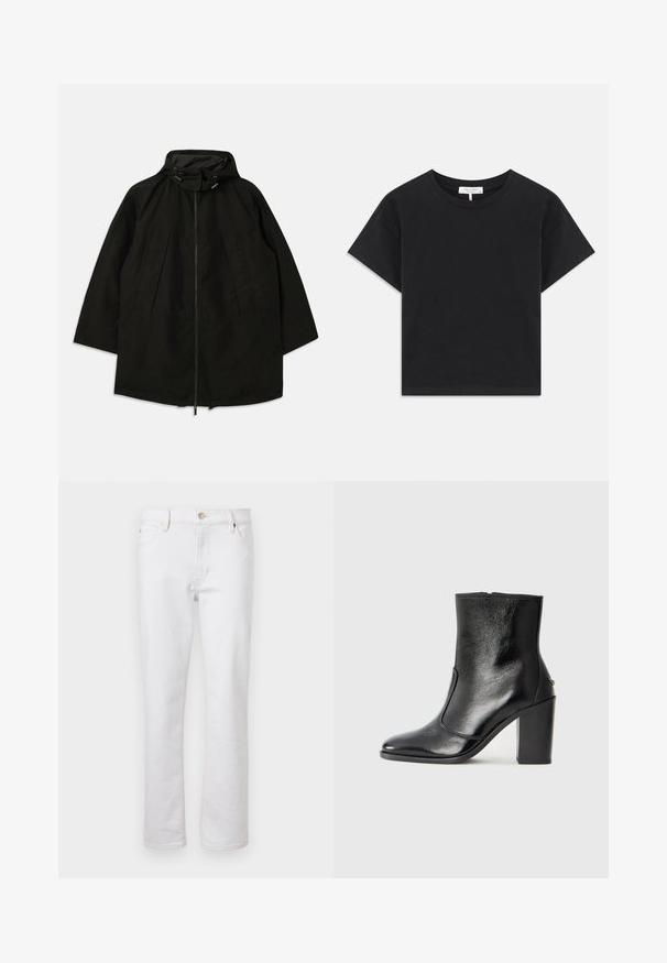 Must must jacket, mille pehmendava lahtine, kapuutsiga ja nööridega. Omab volditud esiosa ja sujuvat tekstuuri.; Must must, mis mustest valmistatud T-särk, millel on ümar kaelus, lühikesed varrukad ja lihtne disain ilma mustrite või kaunistusteta.; Valged denim teksad sirge lõikega, viie taskuga disain, heledad õmblused ja hõbedane nööp. Siledapinnaline tekstuur ja minimaalne detailide hulk.; Must kõvale nahast pahklipsu saapad, millel on sile tekstuur, terav varvas ja paks kõrge kann. Omab külgavatust ja minimalistlikku disaini.