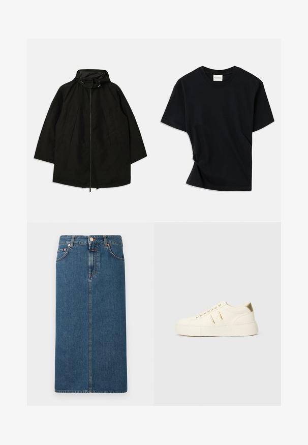 Veste noire légère avec fermeture éclair, capuche à cordons de serrage et coupe large et décontractée. Présente des détails plissés sur le devant et une texture lisse.; T-shirt noir en coton doux, doté d'un col rond, de manches courtes et d'un design légèrement torsadé pour une coupe décontractée.; Jupe midi en denim bleu foncé avec une coupe droite, poches avant et quincaillerie en ton cuivré. Présente des coutures le long des coutures et une fermeture par bouton.; Baskets basses de couleur crème avec des accents dorés, des lacets et un marquage « Armani Exchange » en relief sur la semelle et le patch latéral.