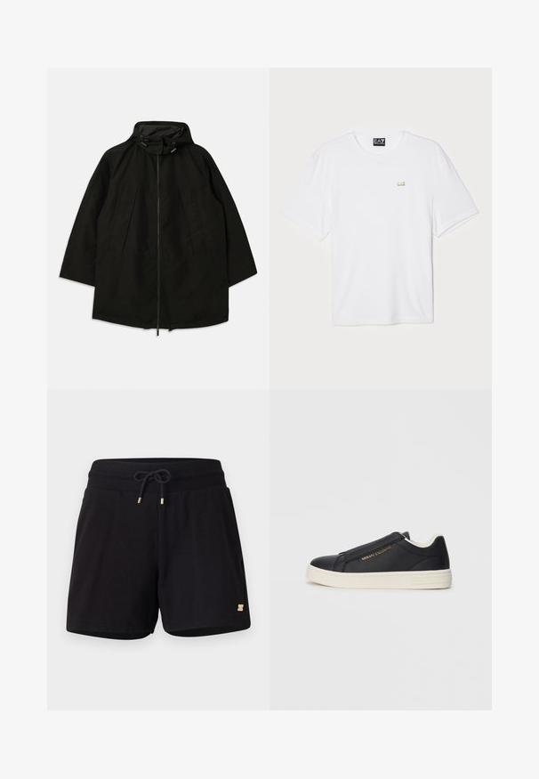 Melnā vieglā jakā ar rāvējslēdzēju, kapuci ar pievilkšanas auklām un plašu, brīvu piegriezumu. Iezīmes - izšūti priekša detaļas un gluda tekstūra.; Balts kokvilnas T-krekls ar īsām piedurknēm, apaļu kakla izgriezumu, ar mazu zeltītu EA7 logotipu kreisajā krūšu daļā.; Melnas kokvilnas īsās bikses ar elastīgu jostu, regulējamu auklu un zelta akcentiem. Iekļauj sānu kabatas un gludu tekstūru.; Melnā ādas slēgtā sporta apava ar baltu zoli, zelta "Armani Exchange" logo sānos un minimālistiska šuvuma detaļa.