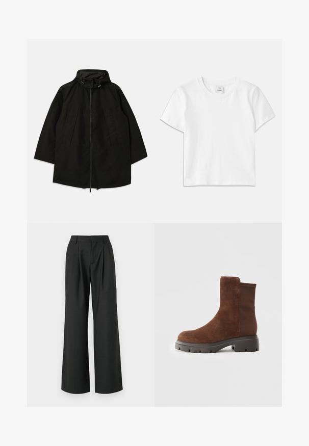 Černá lehká bunda s rozepínáním na zip, kapucí se stahovacími šňůrkami a širokým, volným střihem. Zahrnuje skládání v přední části a hladký povrch.; Bílá bavlněná trička s kulatým výstřihem, krátkým rukávem a rovnym lemem. Štítek označený "Won Hundred" uprostřed výstřihu.; Won Hundred CAMILLE TROUSERS - Kalhoty - licorice; Hnědé semišové ankle boty s elastickými bočními panely, kulatou špičkou a silnou gumovou podrážkou s texturovaným vzorem.