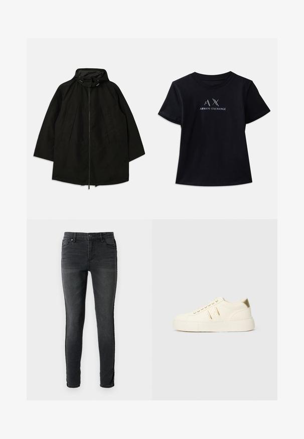 Svart lett jakke med glidelås, hette med snorer og bred, løs passform. Har plisseert frontdetaljering og en glatt tekstur.; Svart kortermet t-skjorte med rund hals. Har "AX" logo og "ARMANI EXCHANGE" tekst i kontrastfarger i hvitt og metalliske aksenter. Myk stoff.; Slim-fit svarte denimjeans med en falmet tekstur, fem-lommers design, og dekorativ søm langs sidekantene.; Kremfargede lave sneakers med gullakenter, snørebånd og preget "Armani Exchange" merkevare på sålen og sidepatchen.