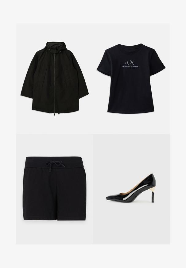 Črna lahka jakna z zadrgo, kapuco s vrvicami in širokim, ohlapnim krojem. Ima gubano sprednje detajliranje in gladko teksturo.; Črna kratkoperemna majica z okroglim izrezom. Vsebuje logotip "AX" in napis "ARMANI EXCHANGE" v kontrastnih belih in kovinskih odtenkih. Mehka tkanina.; Črni bombažni šorts z elastičnim pasom in vrvico. Imajo čist, preprost dizajn in gladko teksturo.; Črne lakirane visoke pete s šiljastim nosom in izrezljanim vzorcem; vsebujejo eleganten zlati detajl na peti. Preprosto in elegantno.