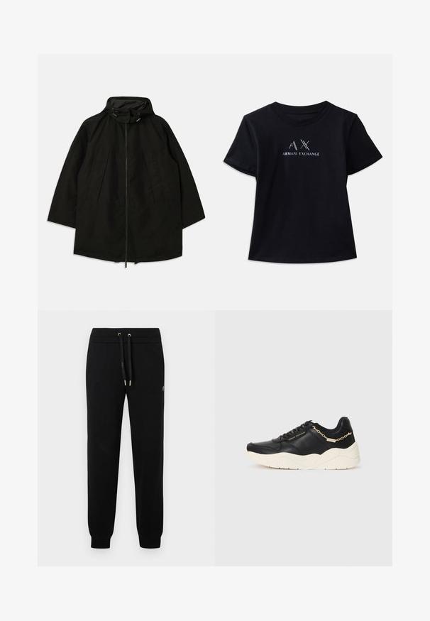 Schwarze leichte Jacke mit Reißverschluss, Kapuze mit Kordelzügen und weitem, lockeren Schnitt. Verfügt über gefaltete Vorderdetails und eine glatte Textur.; Schwarzes T-Shirt mit kurzen Ärmeln und Rundhalsausschnitt. Mit "AX"-Logo und "ARMANI EXCHANGE"-Text in kontrastierendem Weiß und metallischen Akzenten. Weicher Stoff.; Schwarze Jogginghosen mit elastischem Bund und Kordelzug, gerippten Bündchen und dezentem Logo-Detail an der Seitennaht.; Schwarze Ledersneaker mit einer klobigen cremefarbenen Sohle, goldfarbenen Kettenakzenten und schwarzen Schnürsenkeln. Glatte Textur mit geprägtem Branding an der Seite.