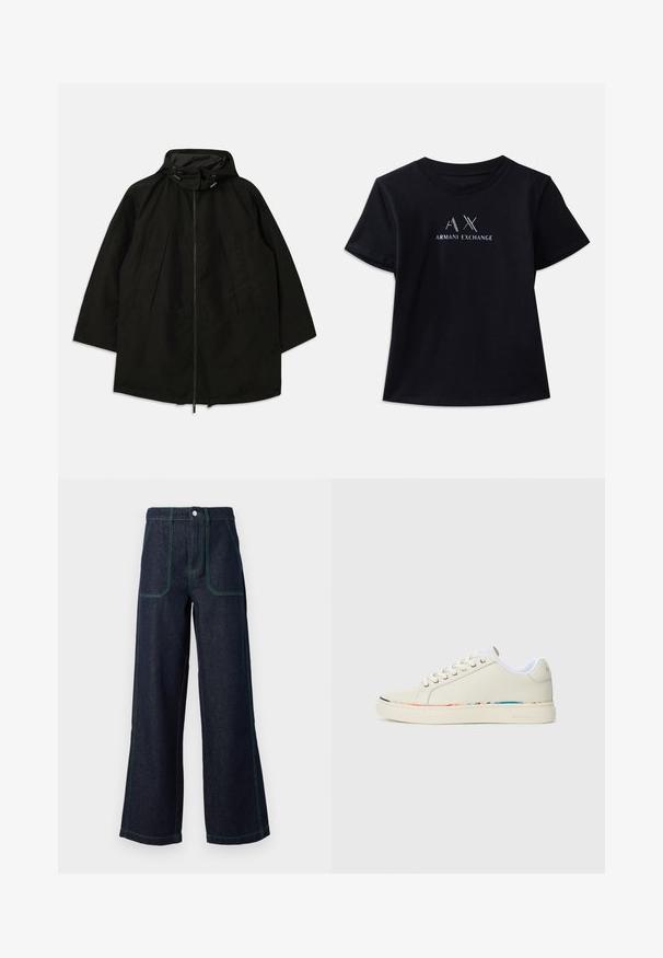 Svart lett jakke med glidelås, hette med snorer og bred, løs passform. Har plisseert frontdetaljering og en glatt tekstur.; Svart kortermet t-skjorte med rund hals. Har "AX" logo og "ARMANI EXCHANGE" tekst i kontrastfarger i hvitt og metalliske aksenter. Myk stoff.; Vide benbukser i mørk denim med grøn kontrastsøm, fem lommedesign, knaplukning og høj taljesilhuet.; Off-white lav top sneaker med snøring, hvit innvendig fôr og subtilt flerfarget trim langs sålekanten, sidevisning.