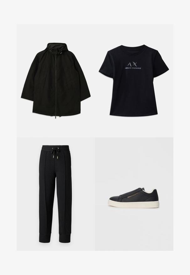 Černá lehká bunda s rozepínáním na zip, kapucí se stahovacími šňůrkami a širokým, volným střihem. Zahrnuje skládání v přední části a hladký povrch.; Černé tričko s krátkým rukávem a kulatým výstřihem. Na přední straně se nachází logo "AX" a text "ARMANI EXCHANGE" v kontrastní bílé barvě a kovových akcentem. Měkká látka.; Černé prošívané tepláky s elastickým pasem, nastavovací šňůrkou a manžetami na nohavicích. Obsahují jemný diamantový vzor.; Černé kožené slip-on tenisky s bílou podrážkou, zlatým logem "Armani Exchange" na boku a minimalistickým prošíváním.