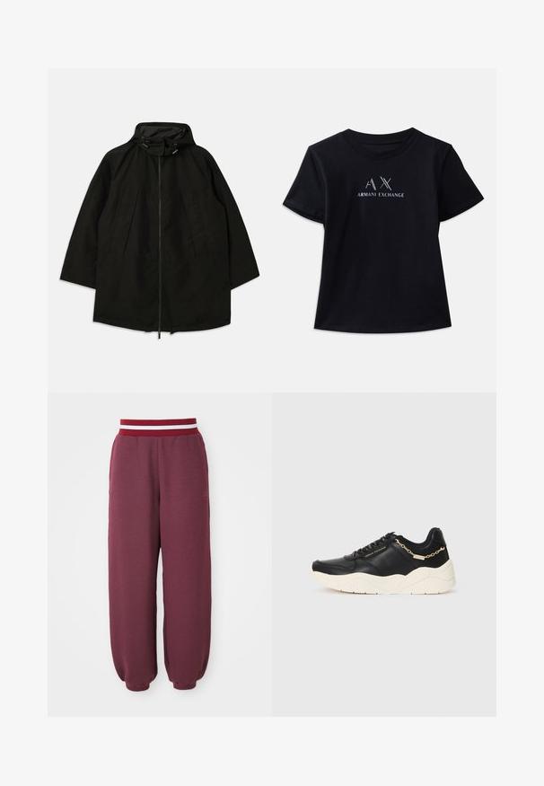 Casaco leve preto com fecho de zipper, capuz com cordões e corte largo e solto. Apresenta detalhes frontais pregueados e uma textura suave.; T-shirt preta de manga curta com decote redondo. Apresenta o logótipo "AX" e o texto "ARMANI EXCHANGE" com contrastes em branco e acabamentos metálicos. Tecido suave.; Calças de moletão bordeaux com um tecido texturizado, pernas ajustadas e uma cintura com listras vermelhas e brancas em contraste. Apresenta um pequeno logótipo na lateral.; Tênis de couro preto com uma sola cremosa grossa, detalhe em corrente dourada e atacadores pretos. Textura suave com logotipo em relevo na lateral.