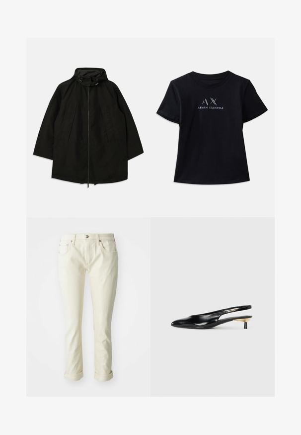 Casaco leve preto com fecho de zipper, capuz com cordões e corte largo e solto. Apresenta detalhes frontais pregueados e uma textura suave.; T-shirt preta de manga curta com decote redondo. Apresenta o logótipo "AX" e o texto "ARMANI EXCHANGE" com contrastes em branco e acabamentos metálicos. Tecido suave.; Jeans de ganga bege com um design ajustado, apresentando cinco bolsos, fecho de zip e punhos enrolados para um acabamento cropped.; Sapatilha preta estilo slingback com bico fino, acabamento em couro brilhante e um pequeno salto com um detalhe dourado. Design elegante com parte de trás aberta.