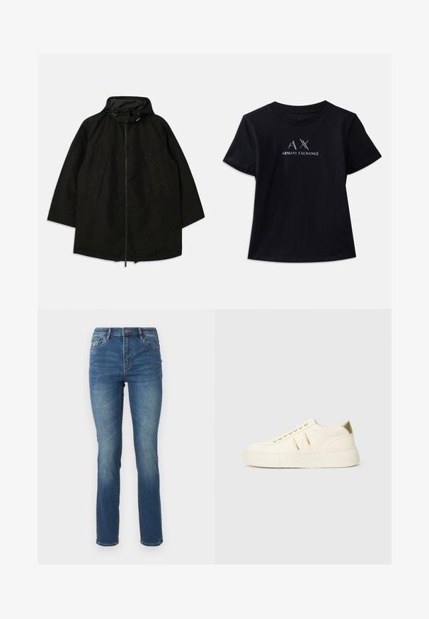 Crna lagana jakna s patentnim zatvaračem, kapuljačom s utezima i širokim, opuštenim krojem. Sadrži nabore na prednjem dijelu i glatku teksturu.; Crna majica kratkih rukava s okruglim izrezom. Sadrži "AX" logo i tekst "ARMANI EXCHANGE" u kontrastnoj bijeloj boji s metalnim naglascima. Mekana tkanina.; Srednje visoki plavi traperice sa ravnim nogavicama, s glatkom teksturom, suptilnim izbljeđivanjem i klasičnim dizajnom s pet džepova i kopčanjem na dugme.; Krem-beige niske tenisice s zlatnim detaljima, vezicama i utisnutim "Armani Exchange" brendom na potplatu i bočnoj oznaci.