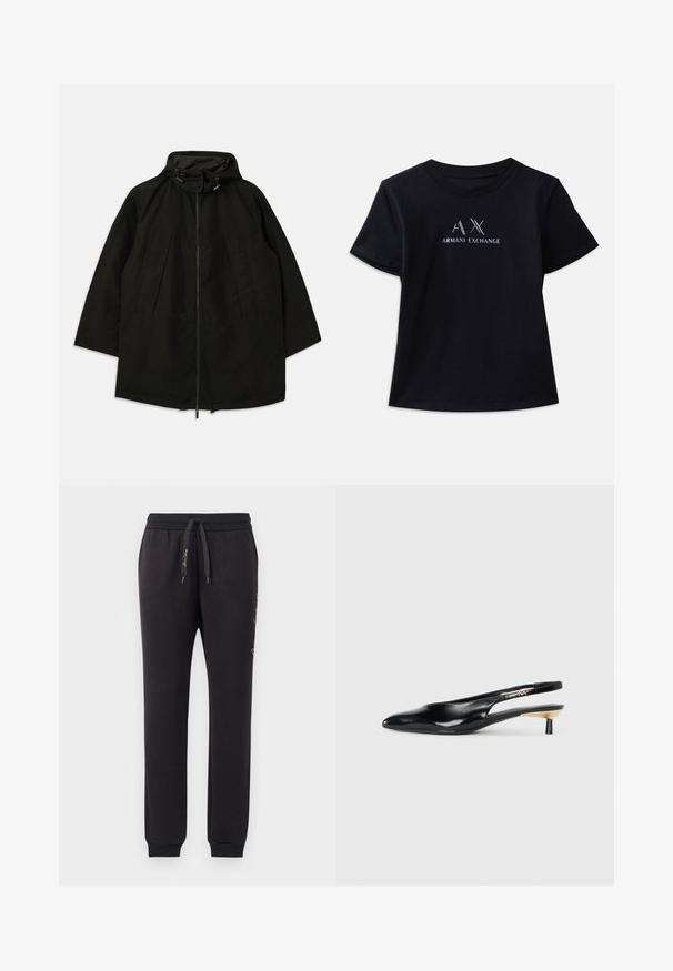 Jachetă ușoară neagră cu închidere cu fermoar, glugă cu șnururi și croială largă, lejeră. Prezintă detalii pliate în față și o textură netedă.; Tricou scurt cu mâneci negre și guler tip crew. Are logo-ul "AX" și textul "ARMANI EXCHANGE" în accente contrastante de alb și metalic. Material moale.; Pantaloni jogger negri din bumbac moale, cu talie elastică și șnur de ajustare. Include manșete ribbate și text brodat pe lateral.; Pantof cu toc slingback negru, cu vârful ascuțit, finisaj din piele lucioasă și un toc mic cu un accent auriu. Design elegant cu spatele deschis.