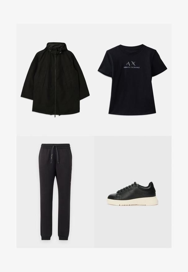 Casaco leve preto com fecho de zipper, capuz com cordões e corte largo e solto. Apresenta detalhes frontais pregueados e uma textura suave.; T-shirt preta de manga curta com decote redondo. Apresenta o logótipo "AX" e o texto "ARMANI EXCHANGE" com contrastes em branco e acabamentos metálicos. Tecido suave.; Calças de fato de treino pretas feitas de algodão macio com cintura elástica e cordão de ajuste. Apresenta punhos canelados e texto bordado na lateral.; Sapatilha de couro preta com acabamento texturizado, apresentando bico redondo, seis ilhós pretos e sola de borracha branca com sulcos.