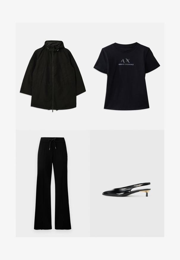 Juoda lengva striukė su užtrauktuku, kapišonu su raišteliais ir plačiu, laisvu kirpimu. Su raukšlėta priekiu ir lygia tekstūra.; Juoda trumpa rankovėmis marškinėliai su apvaliu iškirpimu. Yra "AX" logotipas ir "ARMANI EXCHANGE" tekstas kontrastingomis baltomis ir metalinėmis akcentais. Minkšta medžiaga.; Juodi platūs sportiniai kelnių su raišteliu liemeniu, šoninėmis įpjovomis, minkšta medžiaga ir elegantiškas dizainas.; Juodos slingback aukštakulniai su pailgu pirštu, blizgi odinė apdaila ir mažas kulnas su auksiniu akcentu. Išmanus dizainas su atviru nugara.