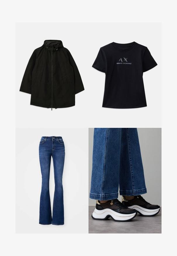 Black lightweight jacket with a zip closure, hood with drawstrings, and wide, loose fit. Features pleated front detailing and a smooth texture.; Black short-sleeve t-shirt with crew neck. Features "AX" logo and "ARMANI EXCHANGE" text in contrasting white and metallic accents. Soft fabric.; Dark blue flared jeans with a high-waisted design, made of denim, featuring contrasting stitching and a front button closure.; Black and gold sneakers with a curved white sole. Textured fabric with logo accents. Paired with wide blue denim pants.