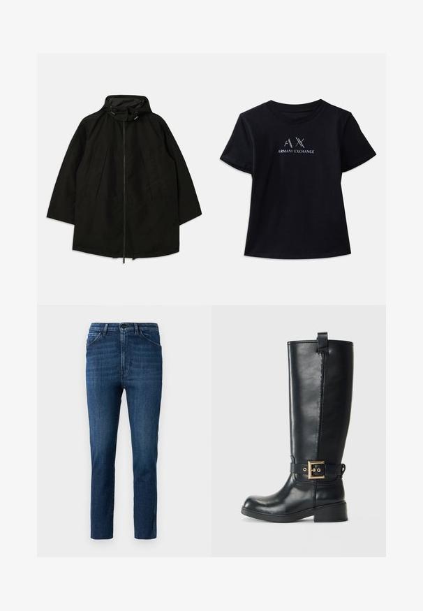 Must must jacket, mille pehmendava lahtine, kapuutsiga ja nööridega. Omab volditud esiosa ja sujuvat tekstuuri.; Mustade lühikeste varrukatega T-särk ümmarguse kaelusega. Omab kontrastset valget ja metallik aktsendiga "AX" logo ning "ARMANI EXCHANGE" teksti. Pehme kangas.; Sinised kitsad teksad klassikalise viie tasku kujundusega ja nööbiga kinnitamine, millel on peened kulumisjäljed ja sirge lõige.; Mustad muste nahast saapad, mis ulatuvad põlvedeni, madala plokk-kandaga, kaunistatud kullavärvi pihustiga ümbritsetud ja ülevalt tõmmitsaga.