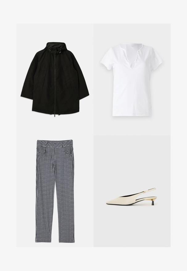 Črna lahka jakna z zadrgo, kapuco s vrvicami in širokim, ohlapnim krojem. Ima gubano sprednje detajliranje in gladko teksturo.; Bela bombažna majica s kratkimi rokavi, sproščenega kroja in z V-izrezom, ki ima placket s petimi dekorativnimi gumbi.; Hlače v houndstooth vzorcu, ki vključujejo mešanico črne, bele in sive barve. Zasnovane so s prilegajočim silhueto in sprednjimi žepi.; Bež patent kože slingback čevlji s koničastim toe, tankim črnim petami in metalno zlatimi poudarki na straneh.